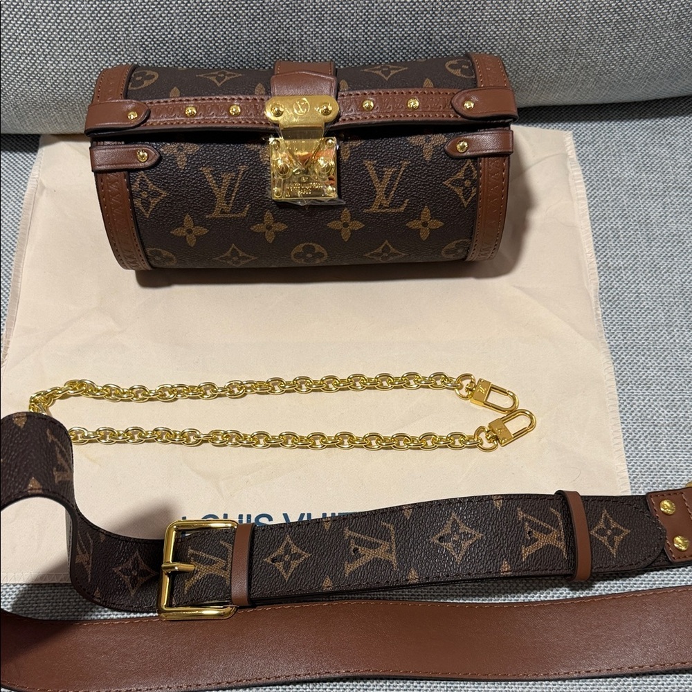 Monogram Petite Trunk Crossbody in Brown and Gold.